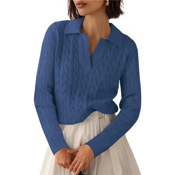 Oversized V-Neck Cable Knit Sweater | Cozy Long Sleeve Pullover Fall & Winter - Picture 1 of 6